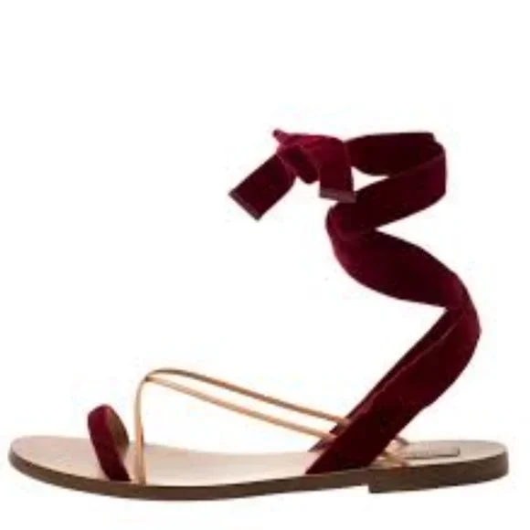 Bells & Becks Italy Velvet Leather Strappy Sandals Maroon Open Toe 8.5 Tie Ankle - Picture 3 of 8